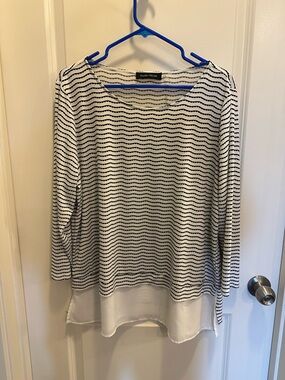 Ivanka Trump White and Black Striped Long-Sleeve Layered Hem Top